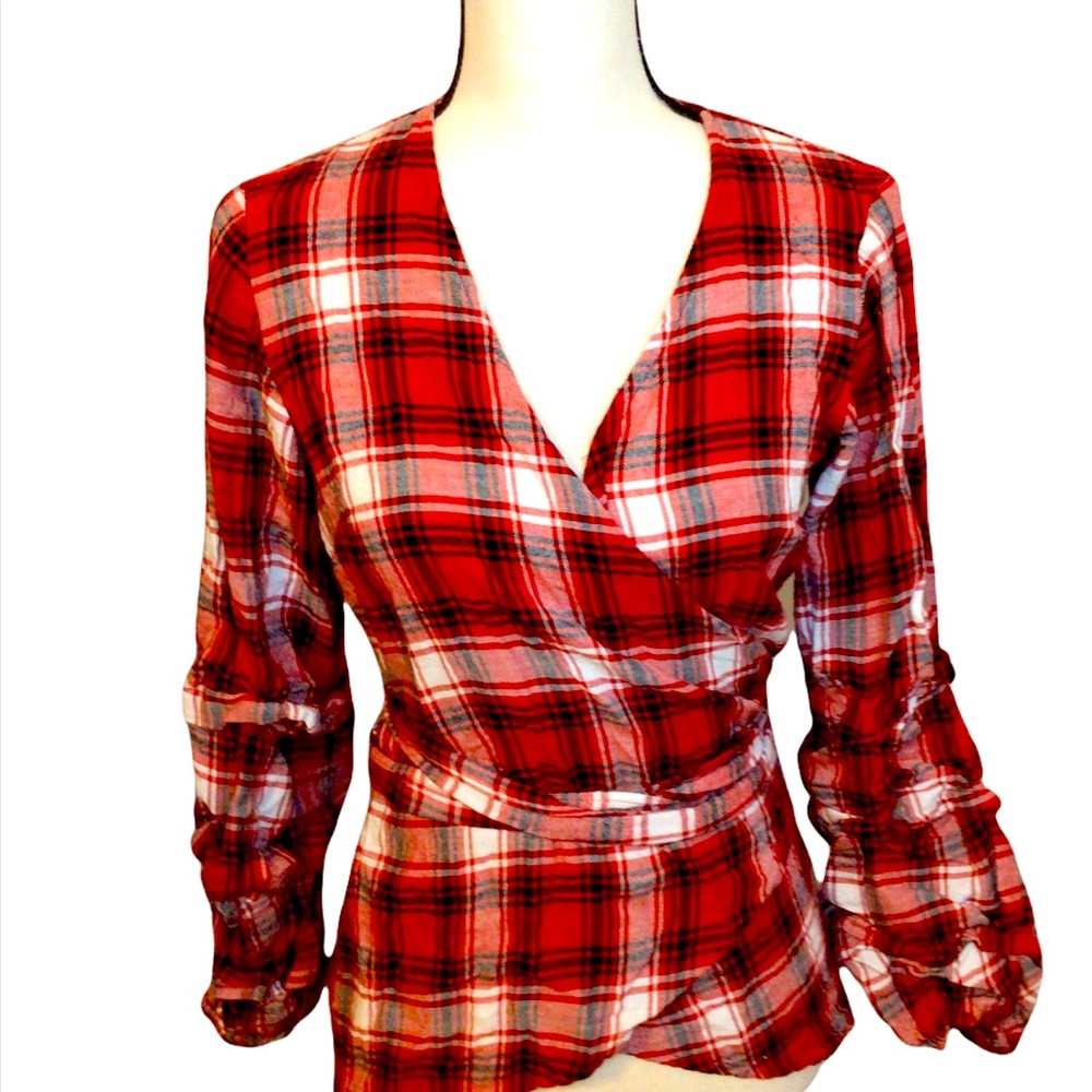 New York and company red plaid wrap shirt Size small
